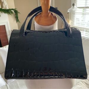 DKNY Vintage Black Crocodile-Embossed Patent Leather Handbag